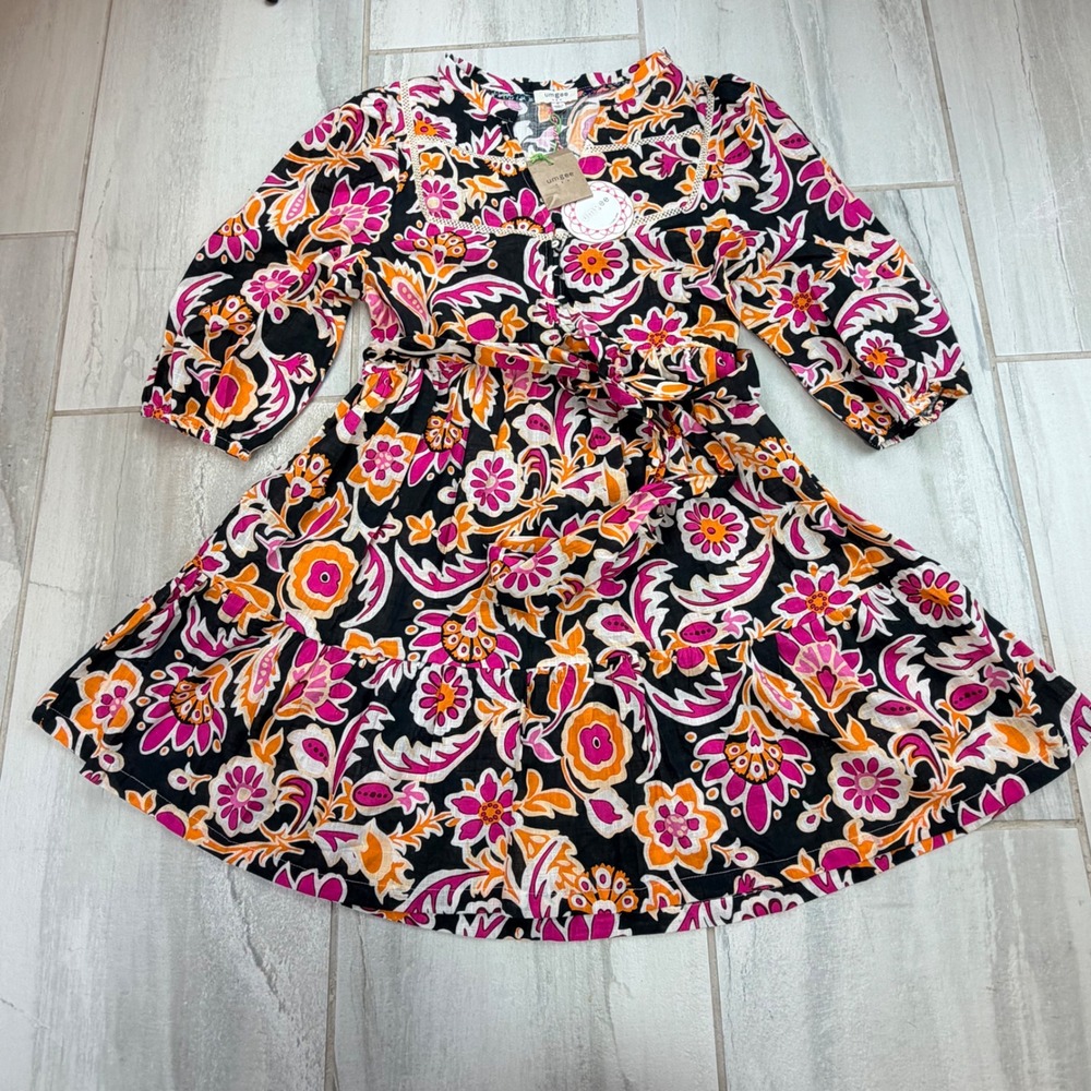 Umgee K7772 Black Pink Orange Floral Cotton Lace Trim Belted Mini Dress S NWT